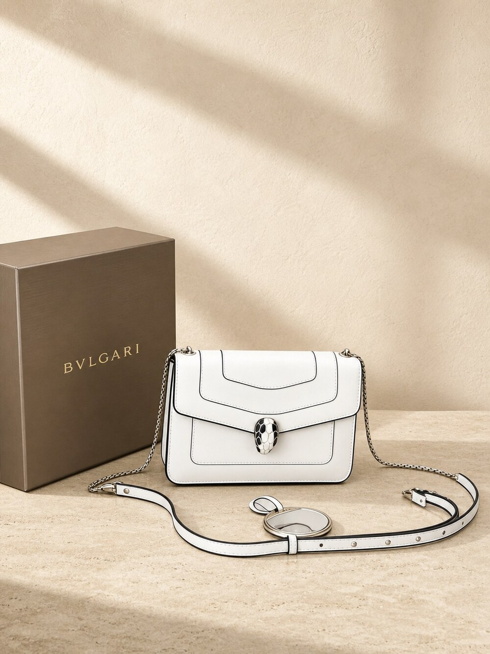 White Calfskin Shoulder Carry Bag | Bvlgari Serpenti Forever Medium